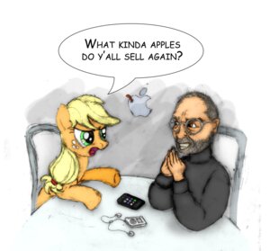Rating: Safe Score: 0 Tags: applejack_(mlp) dialogue duo e621 earth_pony english_text equid equine female feral friendship_is_magic green_eyes hasbro hi_res horse human male mammal my_little_pony pony simple_background steve_jobs text unknown_artist white_background User: bunchy7s