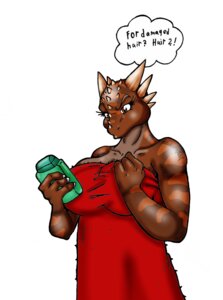 Rating: Questionable Score: 0 Tags: amber_eyes anthro big_breasts breasts brown_body confusion dinosaur e621 english_text female hi_res holding_object horn lordstevie marginocephalian non-mammal_breasts ornithischian pachycephalosaurid prehistoric_species reptile sarah_vespucci scalie simple_background solo stygimoloch text towel white_background User: bunchy7s