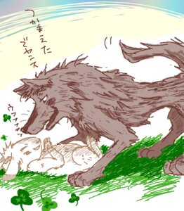 Rating: Safe Score: 0 Tags: all_fours ambiguous_gender bovid canid canine canis caprine clover_(plant) duo e621 feral gabu goat japanese_text kemono laugh male mammal mei_(one_stormy_night) one_stormy_night outside plant quadruped romantic romantic_couple tail text translation_request unknown_artist wolf User: bunchy7s