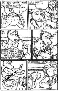Rating: Safe Score: 0 Tags: anthro canid canine canis claw_mackain comic dialogue e621 english_text hi_res lagomorph leporid male mammal monochrome rabbit roox_cotan sako_gunai text wolf User: bunchy7s