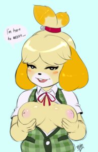 Rating: Questionable Score: 0 Tags: 2014 animal_crossing anthro bedroom_eyes blush breasts canid canine canis dialogue domestic_dog e621 english_text female half-closed_eyes hi_res holding_breast inverted_nipples isabelle_(animal_crossing) looking_at_viewer mammal narrowed_eyes nintendo nipples pink_nipples randomboobguy seductive shih_tzu solo speech_bubble talking_to_viewer teeth text toy_dog User: bunchy7s