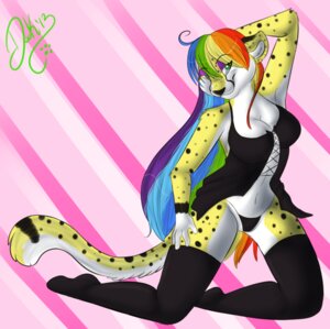 Rating: Questionable Score: 0 Tags: anthro cheetah clothing e621 felid feline female green_eyes hair legwear lingerie mammal multicolored_hair panties rainbow_hair redroseofdeath solo stockings underwear User: bunchy7s