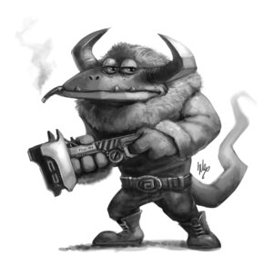 Rating: Safe Score: 0 Tags: 2011 anthro boots cigar clothing e621 footwear greyscale gun male monochrome monster ranged_weapon shoes silverfox5213 simple_background smoke smoking solo tail weapon white_background User: bunchy7s