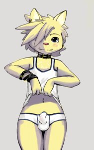 Rating: Explicit Score: 0 Tags: anthro blonde_hair blue_eyes blush briefs bulge clothed clothing clothing_lift collar detailed_bulge e621 erection erection_under_clothing front_view fur genital_outline hair harmarist male mammal navel penis_outline piercing shirt shirt_lift simple_background solo spiky_hair tank_top topwear underwear unknown_species yellow_body yellow_fur young young_anthro young_male User: bunchy7s