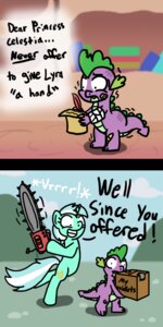 Rating: Safe Score: 0 Tags: 1:2 box chainsaw cloud comic container cutie_mark dialogue dragon duo e621 english_text equid equine female feral friendship_is_magic frown fur green_body green_fur hair hasbro horn humor inside long_hair loose_feather lyra_heartstrings_(mlp) male mammal mettauro multicolored_hair my_little_pony mythological_creature mythological_equine mythological_scalie mythology open_mouth outside power_tool pun quill scalie scroll sky smile spike_(mlp) tail text tools two_tone_hair unicorn weapon User: bunchy7s