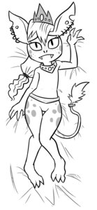 Rating: Questionable Score: 0 Tags: collar crown e621 female goblin headgear hi_res humanoid lying monochrome not_furry nude on_back princess queen_prunella_von_blaart royalty solo unknown_artist User: bunchy7s