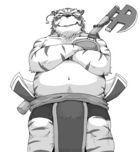 Rating: Questionable Score: 0 Tags: anthro armor axe barazoku clothed clothing e621 fangs felid grin kemono looking_at_viewer looking_down looking_down_at_viewer male mammal melee_weapon misokemo monochrome muscular muscular_anthro muscular_male overweight overweight_anthro overweight_male pantherine simple_background smile solo stripes teeth tiger topless warrior weapon User: bunchy7s