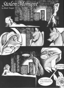 Rating: Questionable Score: 0 Tags: 2004 anthro blackteagan canid canine comic duo e621 english_text female greyscale hi_res male mammal monochrome stolen_moment tail text User: bunchy7s