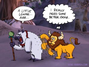 Rating: Safe Score: 0 Tags: 2006 ambiguous_gender anthro blizzard_entertainment bovid bovine c_h_greenblatt claws druid duo e621 english_text felid furbolg horn humor magic_user mammal outside tauren text tribal_spellcaster url warcraft User: bunchy7s