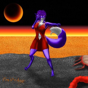 Rating: Safe Score: 0 Tags: 1:1 anthro biped canid canine claws clothing dress e621 english_text female fighting_pose fox frostridge_dragoone hair hi_res lava mammal planet pose purple_body purple_hair purple_skin red_clothing red_dress signature solo space standing text User: bunchy7s