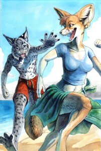 Rating: Safe Score: 0 Tags: anthro beach bottomwear canid canine chasing clothing detailed_background duo e621 eyewear felid feline female fennec_fox fox glasses grin happy hibbary lynx male mammal midriff outside playful running sand seaside shorts sky smile tail true_fox water User: bunchy7s