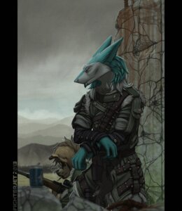 Rating: Safe Score: 0 Tags: ammo_belt armor beverage blue_eyes blue_hair can canid canine cigarette clothing cloud coat concrete container cracks crossed_arms detailed_background dreadlocks duo e621 fighterjet floppy_ears food fur fur_trim_(clothing) green_body green_fur gun hair hi_res letterbox looking_down male mammal outside post-apocalyptic ranged_weapon rifle rubble ruins scope sergal serious sky smoke smoking souladder stone_wall topwear wall_(structure) weapon User: bunchy7s