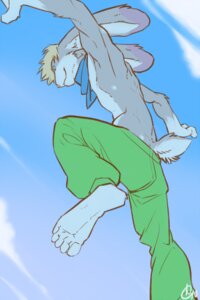 Rating: Safe Score: 0 Tags: 2010 2:3 anthro biped blonde_hair bottomwear clothed clothing cloud e621 feet hair hindpaw jumping killerbunnys lagomorph leporid long_ears male mammal outside pants patto paws rabbit scarf sky skyscape solo toes topless User: bunchy7s