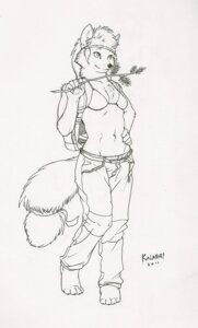 Rating: Safe Score: 0 Tags: 2011 4_toes 5_fingers anthro backpack barefoot bikini bikini_top biped bottomwear breasts canid canine chest_tuft claws clothed clothing e621 feet female fingers fluffy fluffy_tail fox full-length_portrait fur hair hand_on_hip holding_object jodi kalahari mammal monochrome pants pen_(artwork) portrait simple_background solo stick swimwear tail toes traditional_media_(artwork) tuft two-piece_swimsuit white_background User: bunchy7s