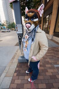 Rating: Safe Score: 0 Tags: anthro bailey_(scardykat85) beanie blue_eyes bottomwear car character_badge_(object) city clothed clothing costume crosswalk denim denim_bottomwear denim_clothing e621 event_badge eyewear footwear fully_clothed fursuit glasses grandfathered_content hand_in_pocket hat headgear headwear jacket jeans lanyard looking_at_viewer male mammal murid murine outside pants photography_(artwork) pockets rat real rodent scarf shoes sign sneakers solo street topwear unknown_artist vehicle whiskers User: bunchy7s