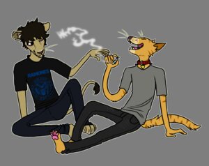 Rating: Questionable Score: 0 Tags: alpha_channel anthro b0nes band_merch black_hair bottomwear clothed clothing collar denim denim_bottomwear denim_clothing domestic_cat drugs duo e621 elliot_(b0nes) fangs felid feline felis fully_clothed fur gregory_wilhelm hair jeans laugh lion male mammal marijuana orange_body orange_fur pantherine pants paws piercing ramones short_hair simple_background smoke smoking stoned stripes substance_intoxication tail teeth transparent_background User: bunchy7s