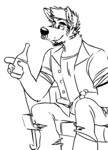 Rating: Safe Score: 0 Tags: 4_fingers anthro beard biped black_and_white bottle bottomwear canid canine canis claws clothed clothing container e621 ear_piercing facial_hair facial_piercing fingers fully_clothed fur gesture hair hand_gesture hand_on_leg holding_bottle holding_container holding_object male mammal monochrome nose_piercing nose_ring pants piercing pointing ring_piercing septum_piercing shirt short_hair simple_background sitting sketch solo toony topwear torn_clothing vasuki white_background wolf User: bunchy7s