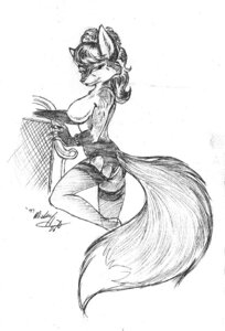 Rating: Questionable Score: 0 Tags: 1997 anthro big_breasts breasts canid canine clothed clothing e621 female fluffy fluffy_tail fox garter_belt garter_straps graphite_(artwork) greyscale legwear mammal michael_higgs monochrome pinup pose solo stockings tail topless traditional_media_(artwork) User: bunchy7s