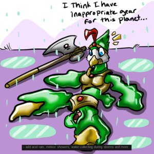 Rating: Explicit Score: 0 Tags: 1:1 anonyartist anthro armor avian avian_(starbound) axe beak boob_armor breastplate chucklefish circlet crown crystal e621 english_text feathers female genitals gold_(metal) green_body green_feathers headgear latex liquefactiophilia melee_weapon melting mountain outside raining solo starbound text update_log vulva weapon white_body white_feathers wood User: bunchy7s