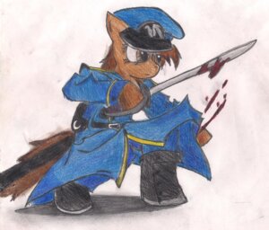 Rating: Safe Score: 0 Tags: 2012 anthro blood bodily_fluids brown_body brown_eyes brown_fur brown_hair clothing e621 equid equine fur hair hasbro hat headgear headwear hi_res holding_melee_weapon holding_object holding_sword holding_weapon horse male mammal melee_weapon my_little_pony pony rayfriedh simple_background solo sword tail traditional_media_(artwork) uniform weapon User: bunchy7s
