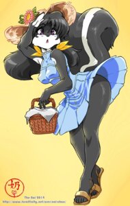 Rating: Safe Score: 0 Tags: 2014 anthro basket black_hair breasts clothing container dress e621 female flower footwear hair hat headgear headwear hi_res mammal markings mephitid nai-chan plant purple_eyes sandals shoes simple_background skunk solo striped_markings striped_tail stripes tail tail_markings text url yellow_background User: bunchy7s
