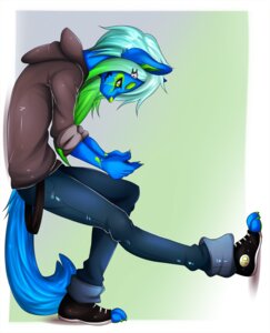 Rating: Safe Score: 0 Tags: 5_fingers accessory anthro blue_body blue_fur bone bottomwear canid canine claws clothed clothing e621 fingers footwear fox fully_clothed fur geekidog geekidog_(character) green_hair green_nose hair hair_accessory hairpin hi_res hoodie long_hair looking_down male mammal pants rolled_up_sleeves shoes side_view skull sneakers solo sparklefur suspenders sweater toeless_footwear topwear yellow_eyes User: bunchy7s