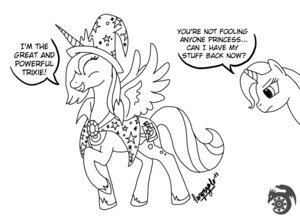 Rating: Safe Score: 0 Tags: cape clothing cutie_mark dialogue duo e621 english_text equid equine eyes_closed feathered_wings feathers female feral friendship_is_magic hasbro hat headgear headwear horn magic mammal monochrome my_little_pony mythological_creature mythological_equine mythology princess_luna_(mlp) signature simple_background smile text trixie_(mlp) tyransgate unicorn white_background winged_unicorn wings wizard_hat User: bunchy7s