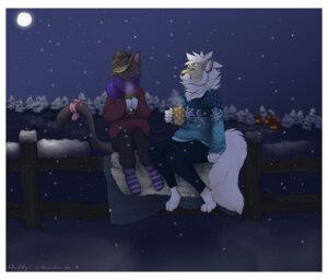 Rating: Safe Score: 0 Tags: 2013 ambiguous_gender anthro beverage border clothed clothing detts domestic_cat duo e621 eyes_closed felid feline felis food footwear fur hi_res legwear male mammal moon night outside paws sitting sky sneechee snow socks star starry_sky white_border User: bunchy7s