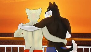 Rating: Safe Score: 0 Tags: anthro arm_around_back arm_around_shoulders beach black_body black_fur black_nose blue_eyes canid canine canis clothed clothing day domestic_dog duo e621 fox fur hand_on_hip hand_on_shoulder hazdak husky looking_aside looking_at_another male male/male mammal nordic_sled_dog outside railing rear_view romantic romantic_ambiance romantic_couple seaside sky spitz sun sunset topless white_body white_fur wolf User: bunchy7s