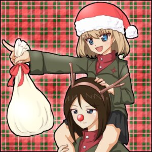 Rating: Safe Score: 0 Tags: 1:1 animal_costume antlers bag bangs black_border black_bottomwear black_clothing black_skirt blonde_hair blue_eyes blush border bottomwear brown_hair carrying_another christmas christmas_clothing christmas_headwear clothing duo e621 fake_antlers fake_horns fake_red_nose fangs female gesture girls_und_panzer green_clothing green_jacket green_topwear hair hand_gesture hand_on_another's_head hand_on_head happy hat headgear headwear holidays horn human jacket katyusha_(gup) long_hair long_sleeves lua_(tsurezure_naru_mama_ni) mammal military military_uniform miniskirt nonna_(gup) not_furry on_shoulders open_mouth outstretched_arm pattern_background piggyback plaid plaid_background pleated_skirt pointing pravda_school_uniform red_clothing red_nose red_shirt red_topwear reindeer_costume ribbons sack santa_hat school_uniform shirt short_hair simple_background sitting skirt smile sweater swept_bangs teeth topwear turtleneck uniform User: bunchy7s