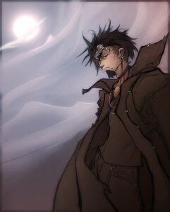 Rating: Safe Score: 0 Tags: beard brown_eyes brown_hair cloud detailed_background e621 eyewear facial_hair goggles grandfathered_content hair human human_only jewelry male mammal necklace not_furry outside overcoat piercing sky solo toony tsampikos User: bunchy7s