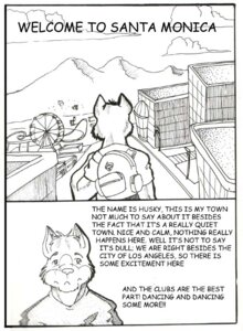 Rating: Safe Score: 0 Tags: anthro canid canine canis comic domestic_dog e621 english_text furpiled greyscale husky leomagna male mammal monochrome nordic_sled_dog pen_(artwork) santa_monica solo spitz text traditional_media_(artwork) User: bunchy7s