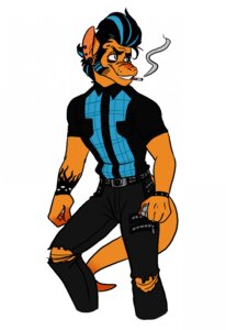 Rating: Safe Score: 0 Tags: 4_fingers after_the_fox alternative_fashion anthro belt biped black_hair blue_eyes blue_hair bottomwear cigarette clothed clothing e621 ear_piercing fingers fully_clothed fur gauged_ear greaser hair hi_res holding_object kangaroo lighter looking_aside macropod male mammal marsupial orange_body orange_fur pants pattern_clothing piercing pompadour portrait psychobilly rockabilly shirt short_hair simple_background smile smoke smoking solo standing tail tattoo three-quarter_portrait topwear torn_clothing white_background zipper User: bunchy7s