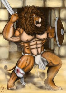 Rating: Questionable Score: 0 Tags: 2011 abs anthro bandage biceps blood blood_on_bandage bodily_fluids bottomwear brown_hair clothing dated day e621 fangs felid fur gladiator hair hi_res holding_melee_weapon holding_object holding_shield holding_sword holding_weapon lion loincloth looking_forward male mammal mane melee_weapon muscular muscular_anthro muscular_male nipples open_mouth outside pantherine pecs raivenderouthelion scar shadow shield signature snarling solo standing sword tail tail_tuft tan_body tan_fur tan_tail teeth tuft vein warrior weapon whiskers User: bunchy7s