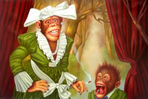 Rating: Safe Score: 0 Tags: ape chimpanzee cigarette clothing curtains detailed_background donald_roller_wilson duo e621 female forest haplorhine male mammal outside pan_(genus) plant primate smoking tree wood User: bunchy7s