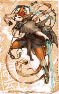 Rating: Safe Score: 0 Tags: akita anthro athletic athletic_anthro athletic_male bandage black_nose blue_eyes brown_body brown_fur canid canine canis collar domestic_dog dual_wielding e621 ear_piercing frown fur hair holding_melee_weapon holding_object holding_sword holding_weapon male mammal melee_weapon piercing pockyrumz red_hair scroll solo spitz sword tail weapon white_body white_fur User: bunchy7s