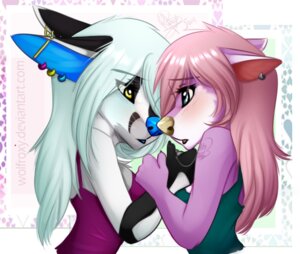 Rating: Safe Score: 0 Tags: 2014 accessory anthro blue_eyes blue_nose blush canid canine canis clothing digital_media_(artwork) duo e621 ear_piercing female female/female fox fur hair lgbt_pride long_hair mammal pansexual_pride_colors piercing pink_hair pride_color_accessory pride_color_piercing pride_colors purple_body purple_fur roxy_bradingham selena_shadowpaw white_hair wolf wolflady yellow_eyes User: bunchy7s
