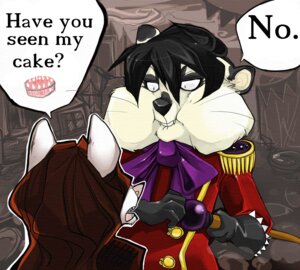 Rating: Safe Score: 0 Tags: 5_fingers anthro big_cheeks black_hair black_nose bow_(feature) bow_tie brown_hair cake canid canine cheek_bulge clothed clothing coat cricetid dessert dialogue dishonesty dr-felici duo e621 eating english_text epaulet fingers food fur gloves hair hamster handwear humor male mammal open_mouth outline pink_nose rodent speech_bubble staff stretched_cheeks teeth text topwear uniform whiskers white_body white_fur User: bunchy7s