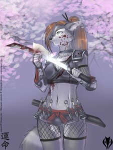 Rating: Questionable Score: 0 Tags: 2011 3:4 anthro assassin black_nose blood bodily_fluids breasts canid canine canis clothed clothing coyote dossun e621 fatecoyote female fishnet_clothing fox hair hybrid kodachi kunai long_hair mammal melee_weapon midriff navel ninja red_hair solo sword tail thigh_gap warrior weapon yellow_eyes User: bunchy7s