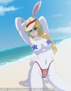 Rating: Questionable Score: 0 Tags: 2013 anthro beach bikini bikini_bottom biped blonde_hair blue_eyes breasts clothed clothing cloud desingahv detailed_background e621 female fur hair hands_behind_head hat headgear headwear kneeling lagomorph leporid looking_at_viewer mammal navel nipple_outline outside pasties rabbit sand seaside skimpy sky solo star swimwear text two-piece_swimsuit url water white_body white_fur User: bunchy7s
