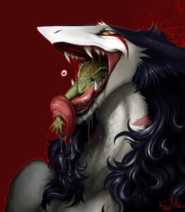 Rating: Questionable Score: 0 Tags: abstract_background almost_fully_inside ambiguous_gender black_hair bodily_fluids digital_media_(artwork) drooling duo e621 fangs feet_first female female_pred feral fur hair head_in_mouth heart_symbol in_throat long_tongue mammal mick39 multicolored_body multicolored_fur neck_bulge open_mouth oral_vore partially_inside rain_silves red_background red_tongue saliva scalie sergal sharp_teeth simple_background soft_vore teeth tongue vore willing_pred willing_prey User: bunchy7s
