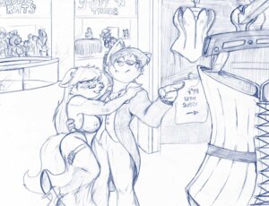 Rating: Questionable Score: 0 Tags: anthro areola blue_and_white breasts canid canine clothed clothing clothing_store duo_focus e621 eyewear female fully_clothed glasses group mall mammal monochrome nipples shopping store yawg User: bunchy7s