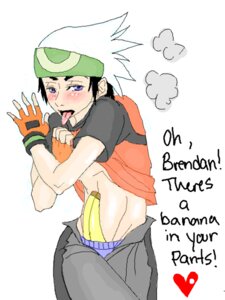 Rating: Questionable Score: 0 Tags: 1boy banana black_hair blush brendan_(pokemon) brendan_(pokemon_emerald) clothes color english_text food front_view gloves human male male_only nintendo panties pokemon pokemon_rse rule34 shirt_lift solo text undressing white_hair User: bunchy7s