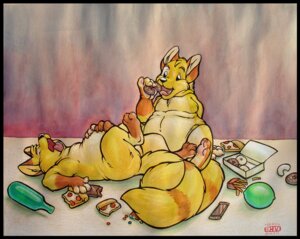 Rating: Questionable Score: 0 Tags: anthro belly belly_folds belly_rolls biped black_border bloated border candy citra dessert doughnut duo e621 eating fat_rolls fluffy fluffy_tail food fries front_view full-length_portrait hand_on_belly keovi male mammal mixed_media obese overweight overweight_male painting_(artwork) pastry pizza portrait side_view stuffing tail traditional_media_(artwork) traditional_painting_(artwork) traditional_watercolor_(artwork) watercolor_(artwork) weight_gain User: bunchy7s