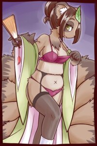 Rating: Questionable Score: 0 Tags: 2:3 anthro asian_clothing bra brown_hair canid canine clothed clothing e621 east_asian_clothing female fox garter_belt garter_straps green_eyes hair hand_fan hi_res japanese_clothing kimono leaf legwear looking_at_viewer mammal multi_tail panties raccoon_dog skimpy snakehunter solo stockings tail tanuki teasing underwear User: bunchy7s