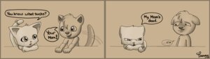 Rating: Safe Score: 0 Tags: ambiguous_gender anthro comic domestic_cat duo e621 felid feline felis mammal monochrome sad sepia taeray User: bunchy7s