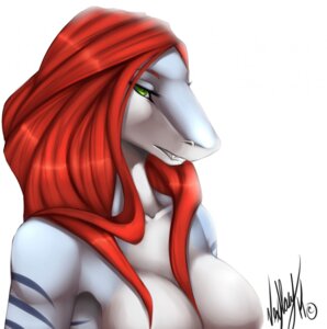 Rating: Questionable Score: 0 Tags: anthro aquatic blue_body blue_skin breasts e621 featureless_breasts female fish green_eyes hair hi_res non-mammal_breasts nude red_hair shark solo stripes vexstacy white_body white_skin User: bunchy7s