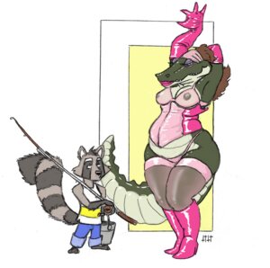 Rating: Questionable Score: 0 Tags: 4ofswords alexis_s._gator alligator alligatorid anthro armwear boots bucket clothing container corset crocodilian day_off duo e621 elbow_gloves female fishing_rod footwear gloves handwear high_heeled_boots high_heels larger_female latex latex_clothing latex_gloves latex_handwear legwear lingerie male mammal procyonid raccoon reptile scalie shoes size_difference slightly_chubby smaller_male tail thigh_highs topwear translucent translucent_clothing wide_hips zach_coon User: bunchy7s