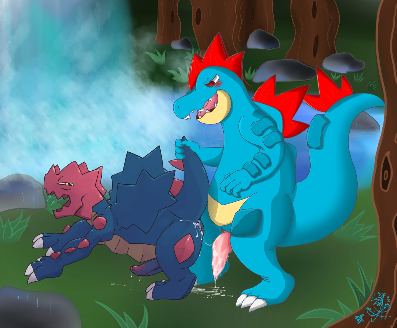 2013 after_sex anal argon_vile artist_collaboration asbiearts blush bodily_fluids claws conditional_dnp cum cum_in_ass cum_inside detailed_background dragon druddigon duo e621 erection feral feraligatr foreskin forest generation_2_pokemon generation_5_pokemon genital_fluids genitals grass humanoid_genitalia humanoid_penis interspecies lake male male/male male_penetrated male_penetrating male_penetrating_male messy mythological_creature mythological_scalie mythology nature nintendo nude outside penetration penis plant pokemon pokemon_(species) pull_out red_eyes reptile rock scalie sex side_view tail tapering_penis tree water waterfall yellow_eyes