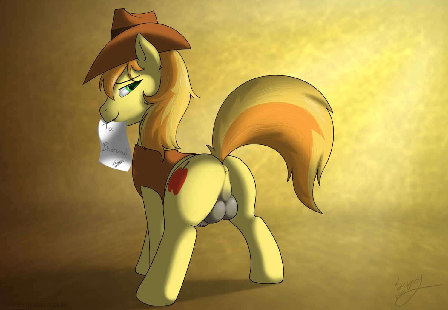 animal_genitalia animal_penis anus backsack balls bedroom_eyes braeburn_(mlp) butt clothing cowboy_hat cutie_mark digital_media_(artwork) e621 earth_pony equid equine equine_genitalia equine_penis erection feral friendship_is_magic genitals green_eyes half-closed_eyes hasbro hat headgear headwear hi_res horse looking_back male mammal my_little_pony narrowed_eyes naughty_face paper penis pony rear_view seductive shaded skipsy solo tail